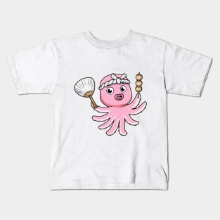 Octopus as vendor with feather duster and skewer Kids T-Shirt